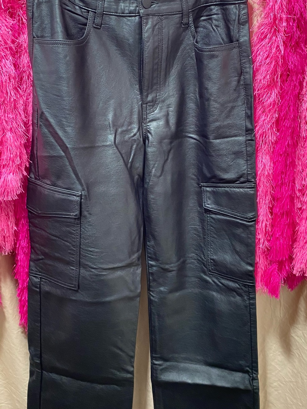Black Faux Leather Cargo Pants